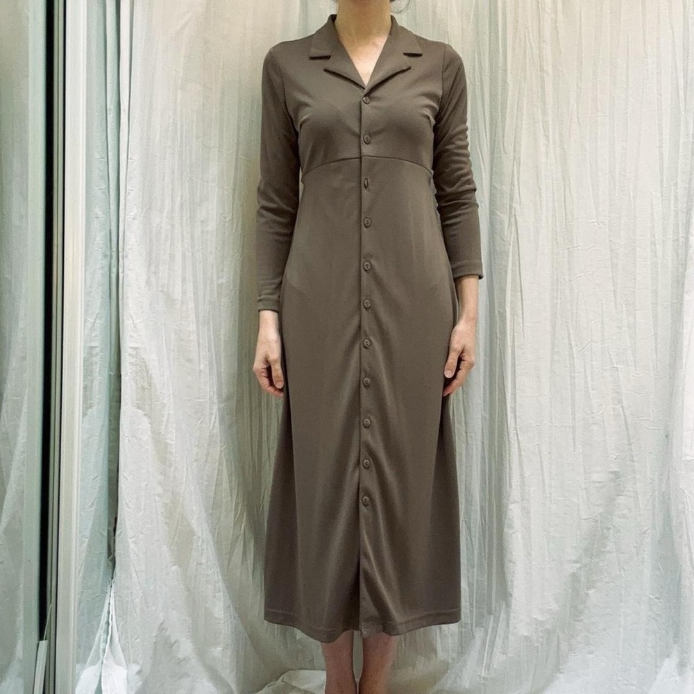 Earthy Green Brown Button Down Collared Maxi Dress with Back Ties Vintage 90s